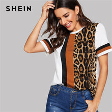 Load image into Gallery viewer, SHEIN Color Block Cut-and-Sew Leopard Panel Top Short Sleeve O-Neck