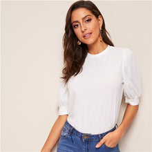 Load image into Gallery viewer, SHEIN Ladies Casual Green Puff Sleeve Keyhole Back Solid Top And Blouse