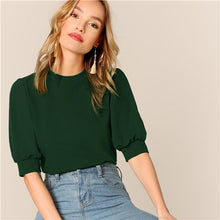 Load image into Gallery viewer, SHEIN Ladies Casual Green Puff Sleeve Keyhole Back Solid Top And Blouse