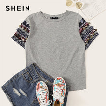 Load image into Gallery viewer, SHEIN Folk Style Fringe Trim Heathered Tee Casual T Shirt Women 2019