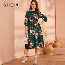Load image into Gallery viewer, SHEIN Green Abaya Elastic Waist Belted Floral High Waist Dress Women Spring Autumn Bishop Sleeve Flared Elegant Long Dresses