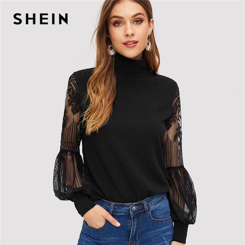 SHEIN Women High Neck Lace Lantern Sleeve Top Fashion Mesh Blouse Women's Long Sleeve Pattern Printing Ladies Tops