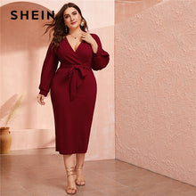 Load image into Gallery viewer, SHEIN Plus Size Burgundy Plunging Neck Wrap Belted Pencil Long Dress Women Autumn High Waist Fitted Slit Wrap Party Sexy Dresses