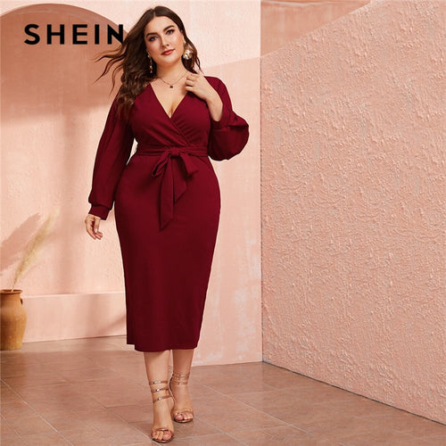 SHEIN Plus Size Burgundy Plunging Neck Wrap Belted Pencil Long Dress Women Autumn High Waist Fitted Slit Wrap Party Sexy Dresses