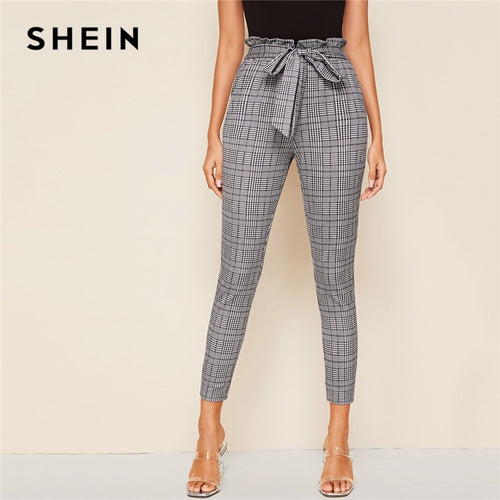 SHEIN Grey Plaid Paperbag Waist Self Belted Casual Pants Women Bottoms 2019 Autumn High Waist Office Ladies Skinny Trousers
