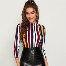 Load image into Gallery viewer, SHEIN Multicolor Mock-neck Form Fitted Striped Top Slim T Shirt Women