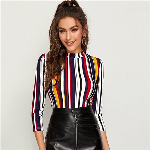 SHEIN Multicolor Mock-neck Form Fitted Striped Top Slim T Shirt Women