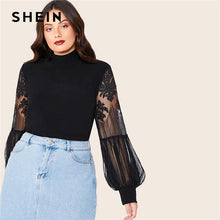 Load image into Gallery viewer, SHEIN Plus Size Black Mock Neck Lace Lantern Sleeve Fitted Top Women