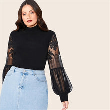Load image into Gallery viewer, SHEIN Plus Size Black Mock Neck Lace Lantern Sleeve Fitted Top Women