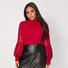Load image into Gallery viewer, SHEIN Plus Size Black Mock Neck Lace Lantern Sleeve Fitted Top Women