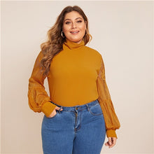 Load image into Gallery viewer, SHEIN Plus Size Black Mock Neck Lace Lantern Sleeve Fitted Top Women