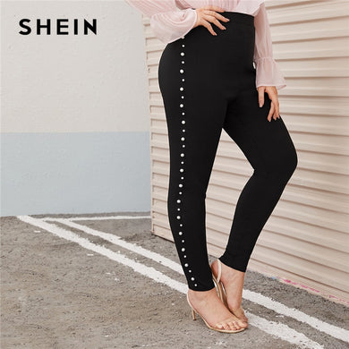 SHEIN Plus Size Pearl Embellished Black Skinny Pants Women Autumn
