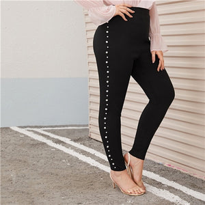 SHEIN Plus Size Pearl Embellished Black Skinny Pants Women Autumn