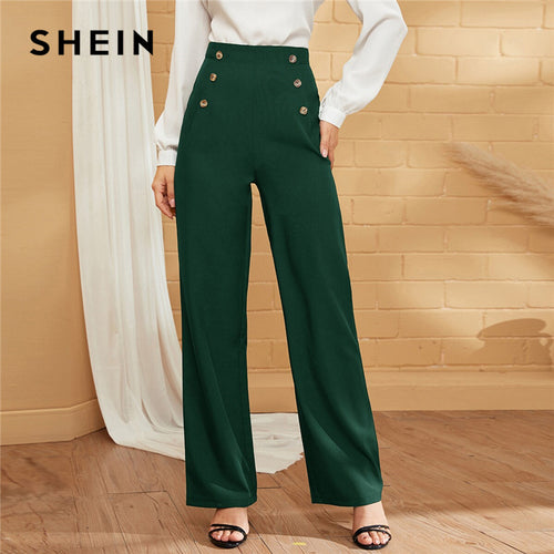 SHEIN Green Double-breasted Straight Leg Solid Long Pants Women Autumn High Waist Straight Leg Office Ladies Elegant Trousers