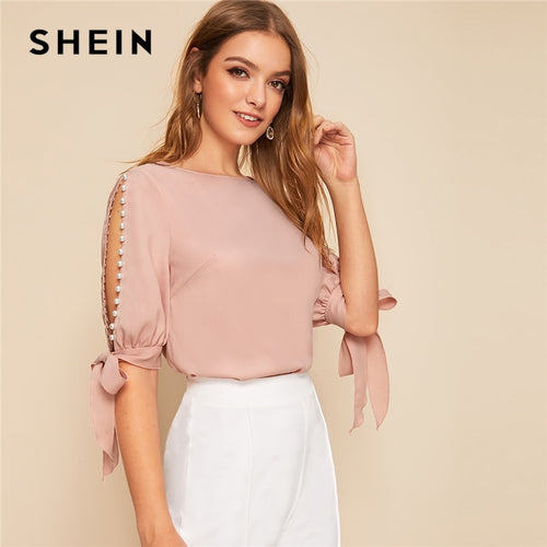 SHEIN Solid Pearls Beading Side Knot Cuff Elegant Blouse Women Tops 2019 Autumn Half Sleeve Basic Blouses For Young Ladies