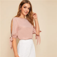 Load image into Gallery viewer, SHEIN Solid Pearls Beading Side Knot Cuff Elegant Blouse Women Tops 2019 Autumn Half Sleeve Basic Blouses For Young Ladies