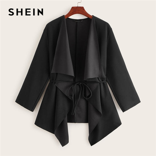 SHEIN Black Waterfall Collar Asymmetrical Hem Coat With Belt Women Coats 2019 Autumn Solid 3/4 Length Sleeve Casual Outerwear