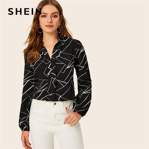 SHEIN Turn Down Collar Random Stripe Print Elegant Blouse Shirt Women Tops 2019 Autumn Black Long Sleeve Office Ladies Blouses