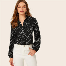 Load image into Gallery viewer, SHEIN Turn Down Collar Random Stripe Print Elegant Blouse Shirt Women Tops 2019 Autumn Black Long Sleeve Office Ladies Blouses