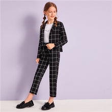 Load image into Gallery viewer, SHEIN Kiddie Girls Plaid Blazer And Tie Waist Pants Casual Set Kids Outfits