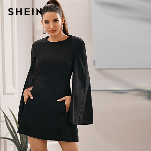 SHEIN Black Cloak Sleeve Pocket Side Dress Without Belt Women Autumn Solid O-neck Short Fitted Elegant Highstreet Dresses