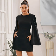 Load image into Gallery viewer, SHEIN Black Cloak Sleeve Pocket Side Dress Without Belt Women Autumn Solid O-neck Short Fitted Elegant Highstreet Dresses
