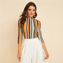 Load image into Gallery viewer, SHEIN Multicolor Mock-neck Form Fitted Striped Top Slim T Shirt Women