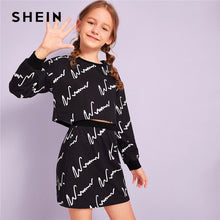 Load image into Gallery viewer, SHEIN Kiddie Girls Black Graphic Print Sweatshirt And Skirt Two Piece Sets Kids Sets 2019 Autumn Long Sleeve Casual Outfits
