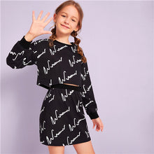Load image into Gallery viewer, SHEIN Kiddie Girls Black Graphic Print Sweatshirt And Skirt Two Piece Sets Kids Sets 2019 Autumn Long Sleeve Casual Outfits