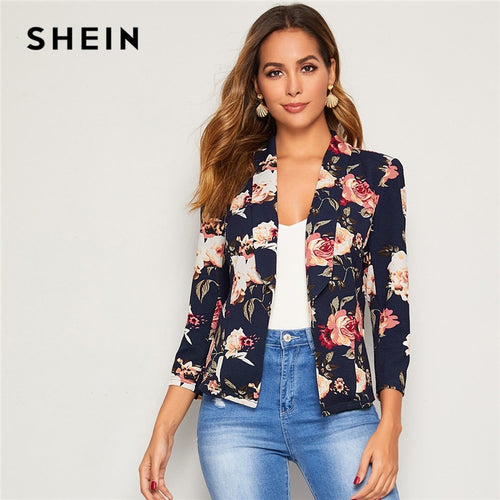 SHEIN Floral Print Shawl Collar Slim Fitted Blazer Women Spring Autumn Office Ladies Long Sleeve Elegant Coat Outwear Blazers