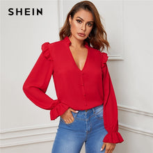 Load image into Gallery viewer, SHEIN Red Ruffle Trim Buttoned Front V Neck Blouse Top Women Spring Autumn Sheer Blouses Flounce Long Sleeve Solid Elegant Tops