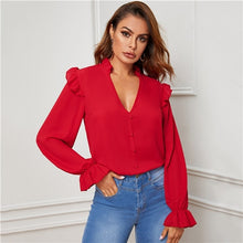 Load image into Gallery viewer, SHEIN Red Ruffle Trim Buttoned Front V Neck Blouse Top Women Spring Autumn Sheer Blouses Flounce Long Sleeve Solid Elegant Tops