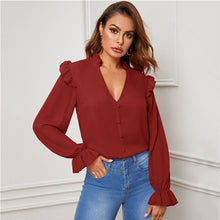 Load image into Gallery viewer, SHEIN Red Ruffle Trim Buttoned Front V Neck Blouse Top Women Spring Autumn Sheer Blouses Flounce Long Sleeve Solid Elegant Tops