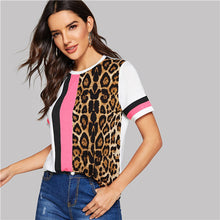 Load image into Gallery viewer, SHEIN Color Block Cut-and-Sew Leopard Panel Top Short Sleeve O-Neck