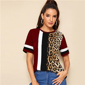 SHEIN Color Block Cut-and-Sew Leopard Panel Top Short Sleeve O-Neck
