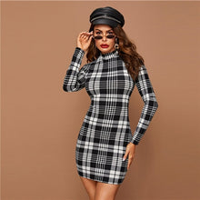 Load image into Gallery viewer, SHEIN Black And White Plaid Stand Collar Elegant Bodycon Dress Women 2019 Autumn Long Sleeve Office Ladies Skinny Mini Dresses