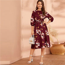 Load image into Gallery viewer, SHEIN Green Abaya Elastic Waist Belted Floral High Waist Dress Women Spring Autumn Bishop Sleeve Flared Elegant Long Dresses