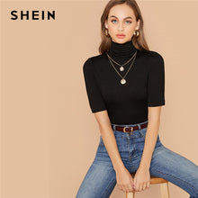 Load image into Gallery viewer, SHEIN Black Solid High Neck Form Fitted Casual T-Shirt Women Tops 2019
