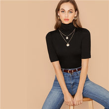 Load image into Gallery viewer, SHEIN Black Solid High Neck Form Fitted Casual T-Shirt Women Tops 2019