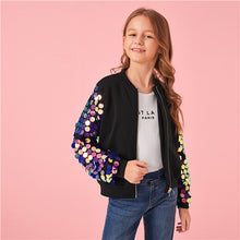 Load image into Gallery viewer, SHEIN Kiddie Girls Black Zipper Front Contrast Sequin Sleeve Casual Coat