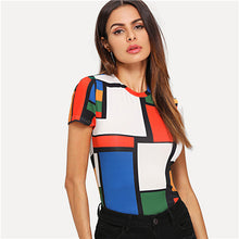 Load image into Gallery viewer, SHEIN Geometric Print Color Block Top Multicolor Short Sleeve Round Neck