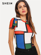 Load image into Gallery viewer, SHEIN Geometric Print Color Block Top Multicolor Short Sleeve Round Neck
