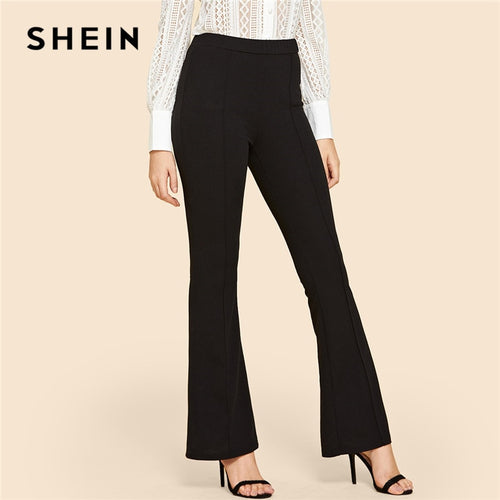 SHEIN Black Vintage Solid Contrast Binding Flare Leg Elastic Waist Elegant Pants Autumn Office Lady Workwear Women Trousers