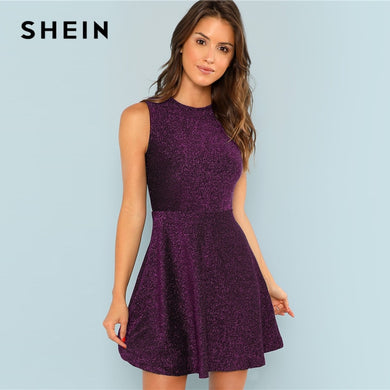 SHEIN Purple Fit and Flare Sleeveless Glitter Slim Fit Short Dress