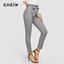 Load image into Gallery viewer, SHEIN Grey Paperbag Waist Plaid Cigarette Pants Belted High Waist