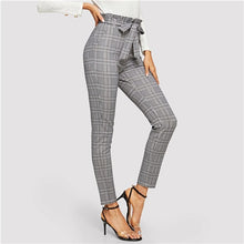 Load image into Gallery viewer, SHEIN Grey Paperbag Waist Plaid Cigarette Pants Belted High Waist