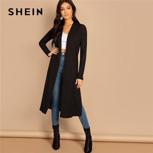 SHEIN Black Split Side Longline Plain Long Sleeve Cardigan Women Outerwear Coat 2019 Spring Cotton Casual High Street Coats