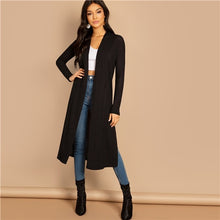 Load image into Gallery viewer, SHEIN Black Split Side Longline Plain Long Sleeve Cardigan Women Outerwear Coat 2019 Spring Cotton Casual High Street Coats