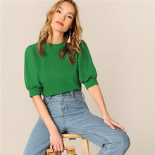 Load image into Gallery viewer, SHEIN Ladies Casual Green Puff Sleeve Keyhole Back Solid Top And Blouse