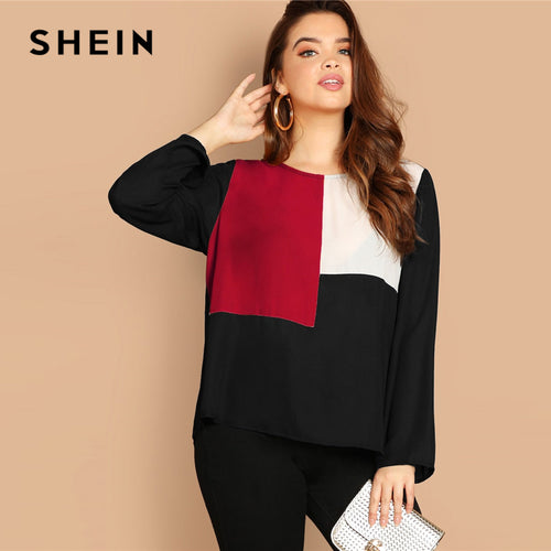 SHEIN Multicolor Keyhole Back Color-block Button Long Sleeve Top Plus Size Blouses Women 2019 Spring Round Neck Blouse